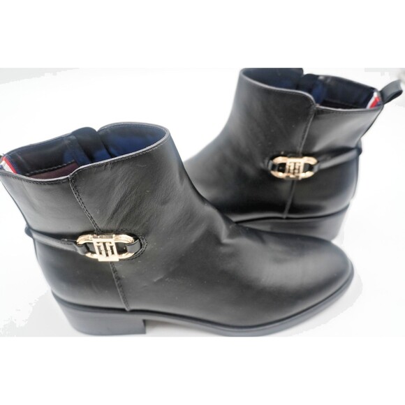 Tommy Hilfiger Women's Black Leather Ankle Gold Buckle Block Heel Booties Sz 11M - Picture 6 of 14